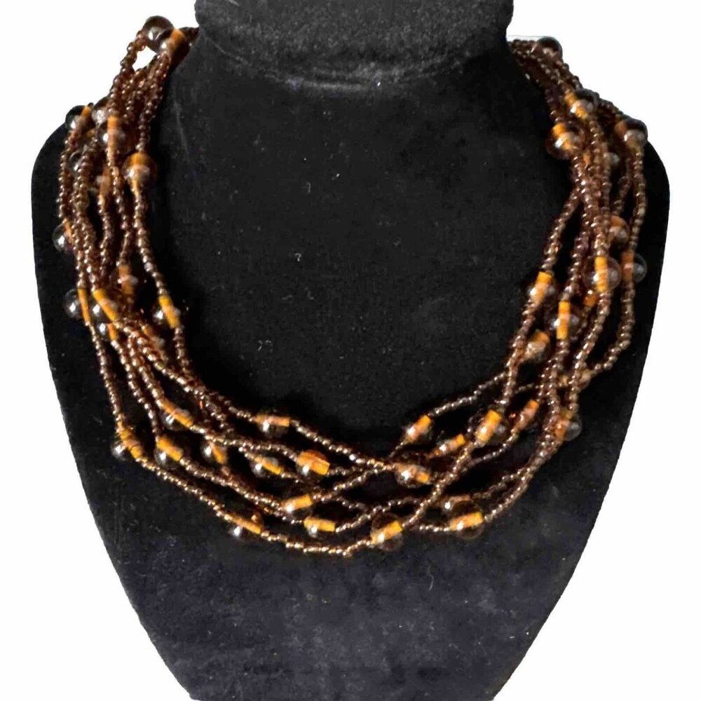 Vtg Necklace Amber Glass Choker Multi 6‎ Strand Y2K Art Deco South Western Fairy